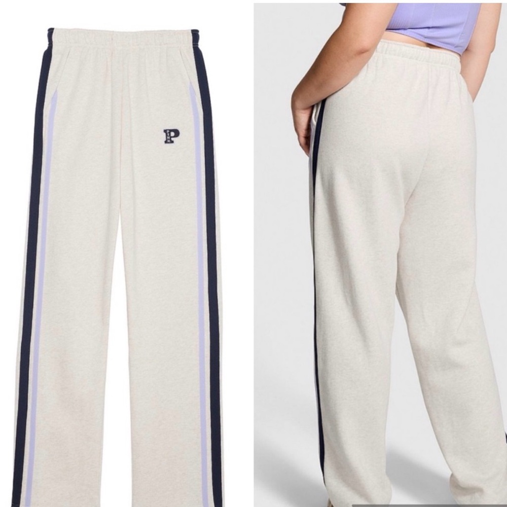 PINK Victoria's Secret Cream Straight-Leg Track Pants with Purple & Navy Stripes